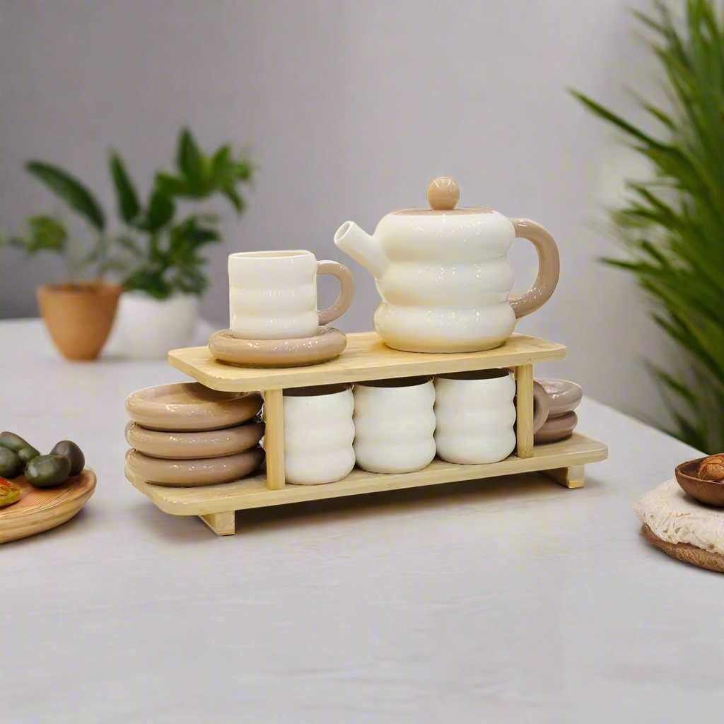 Ceramic Tea Set of 15pcs With Wooden Stand