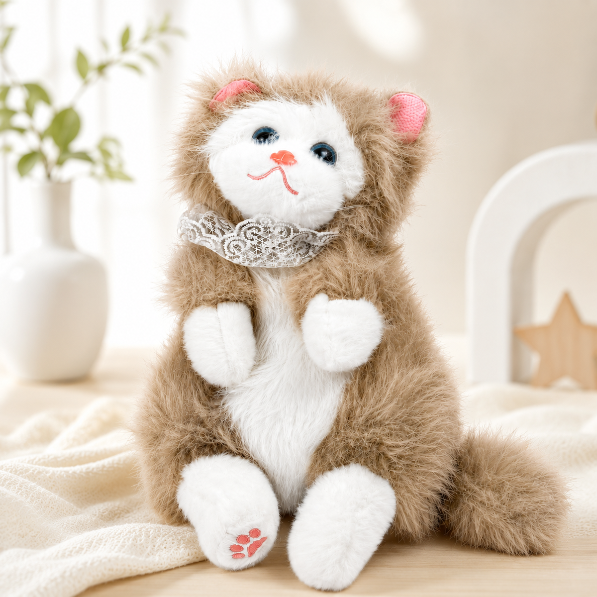 Plush toy cat with a decorative collar on a soft surface with a blurred background