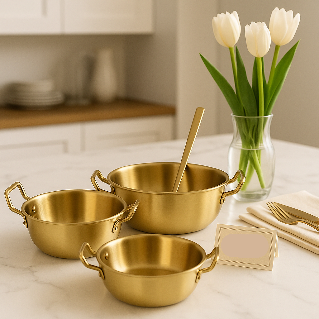 Luxury Golden Stainless Steel Cookware Bowl – 17cm Durable Serving & Cooking Pot