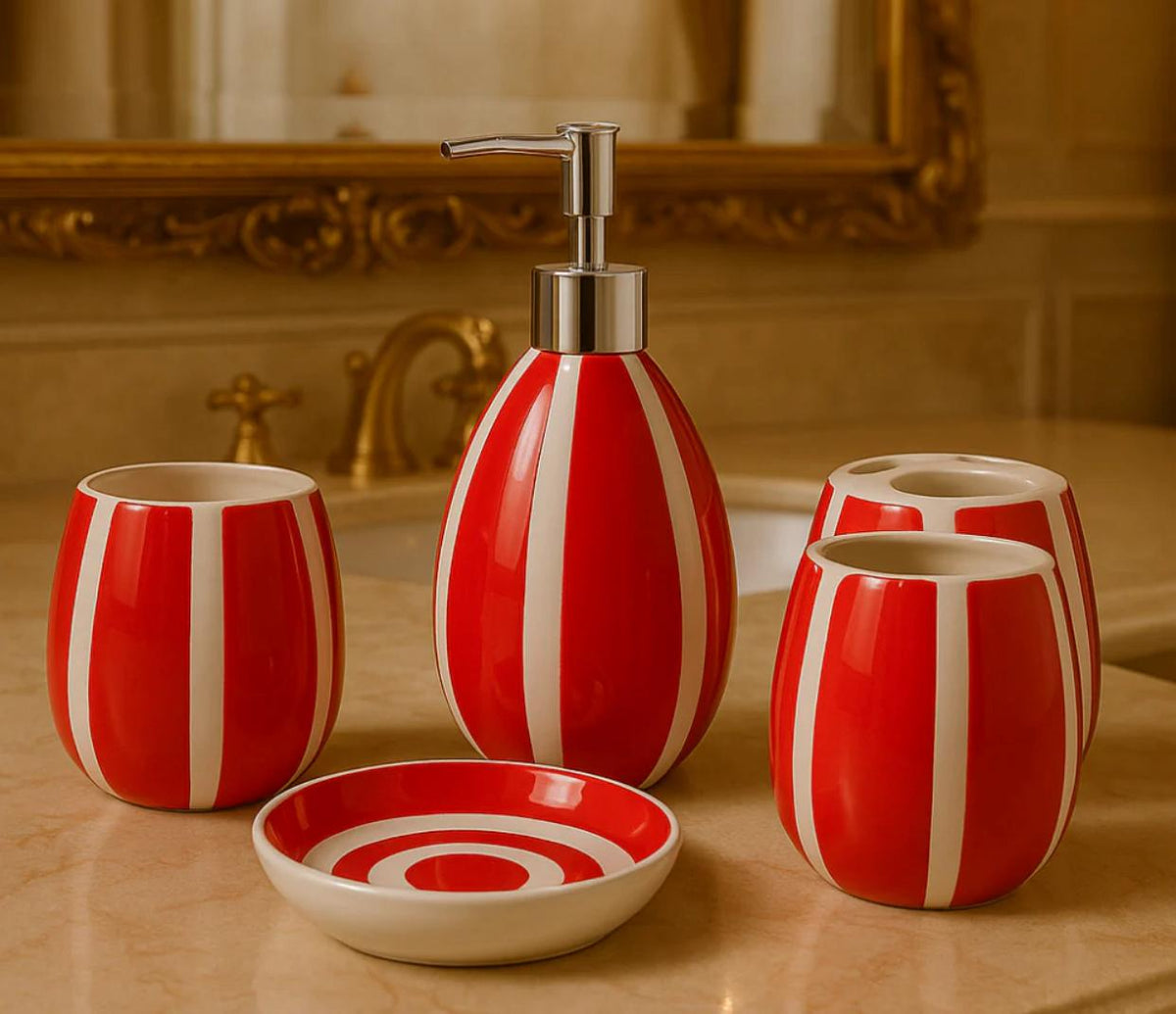 Elegant 4-Piece Ceramic Bathroom Set – Red & White Striped Design