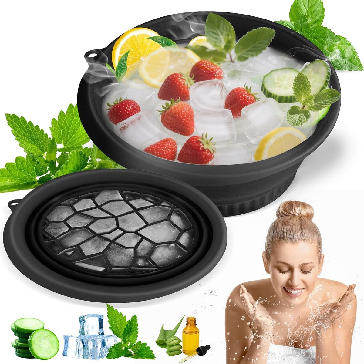 Person holding a bowl of salad with various ingredients on a white background
