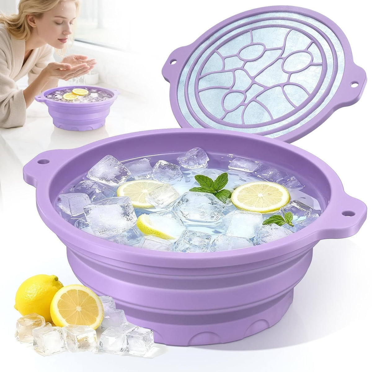 Silicone Ice Facial Bowl with Lid & Built-In Ice Tray – Cold Therapy Face Bath