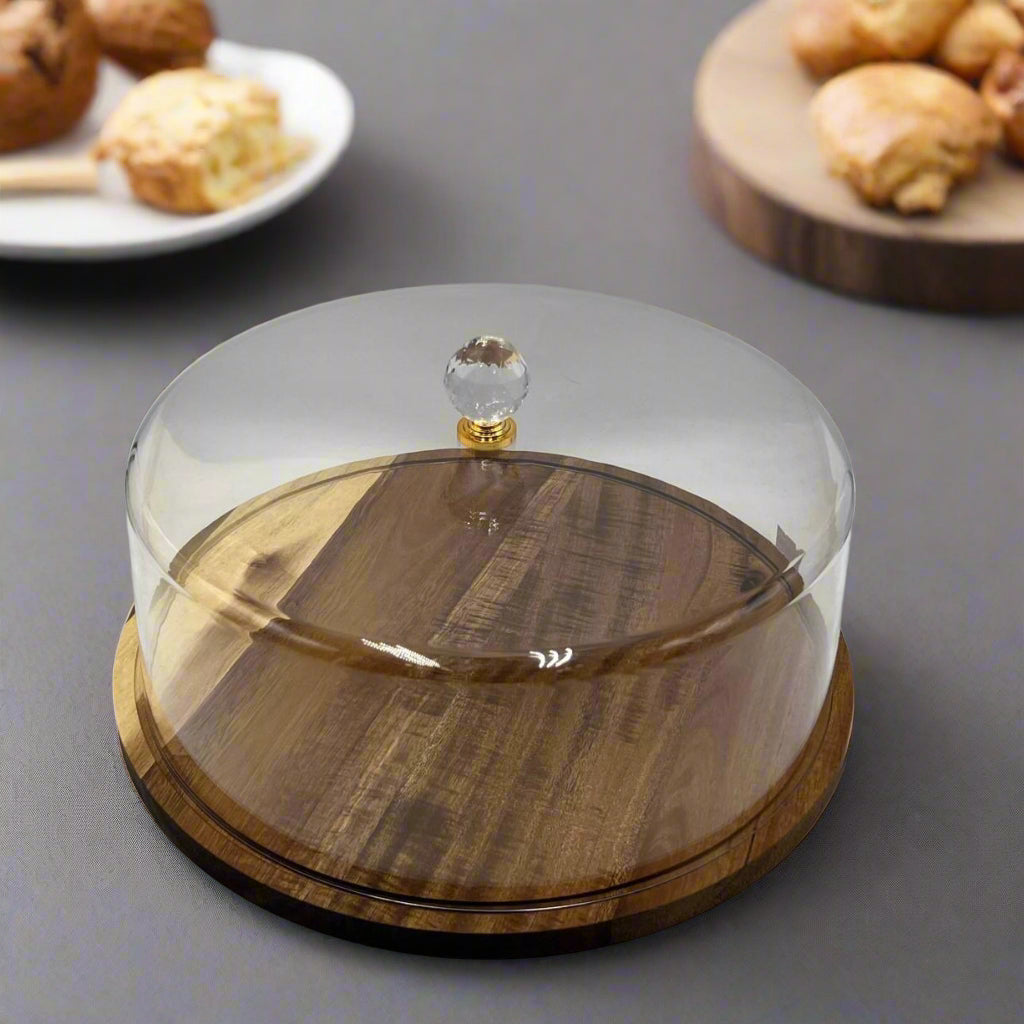 WOODEN CAKE DISH WITH ACRYLIC LID (SMALL)