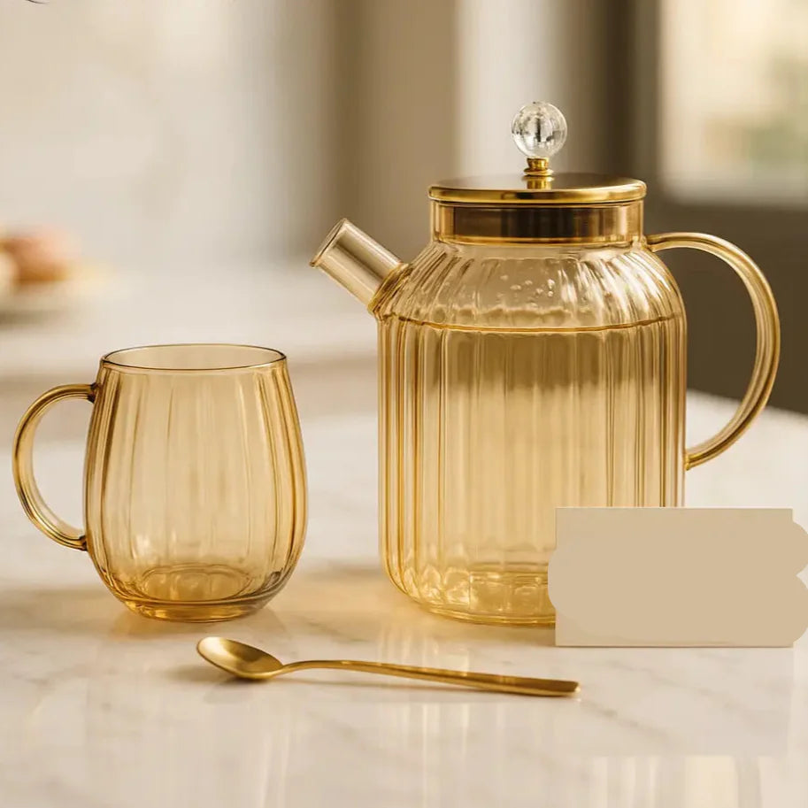 Amber Luxe Ribbed Glass Tea Set – 1 Kettle, 6 Glass Cups & 6 Golden Spoons
