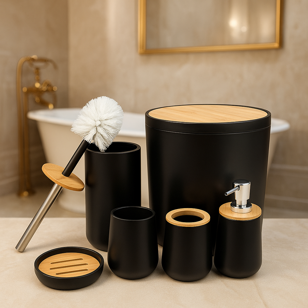 Premium Black & Bamboo 6 Pcs Bathroom Accessories Set – Modern Luxury