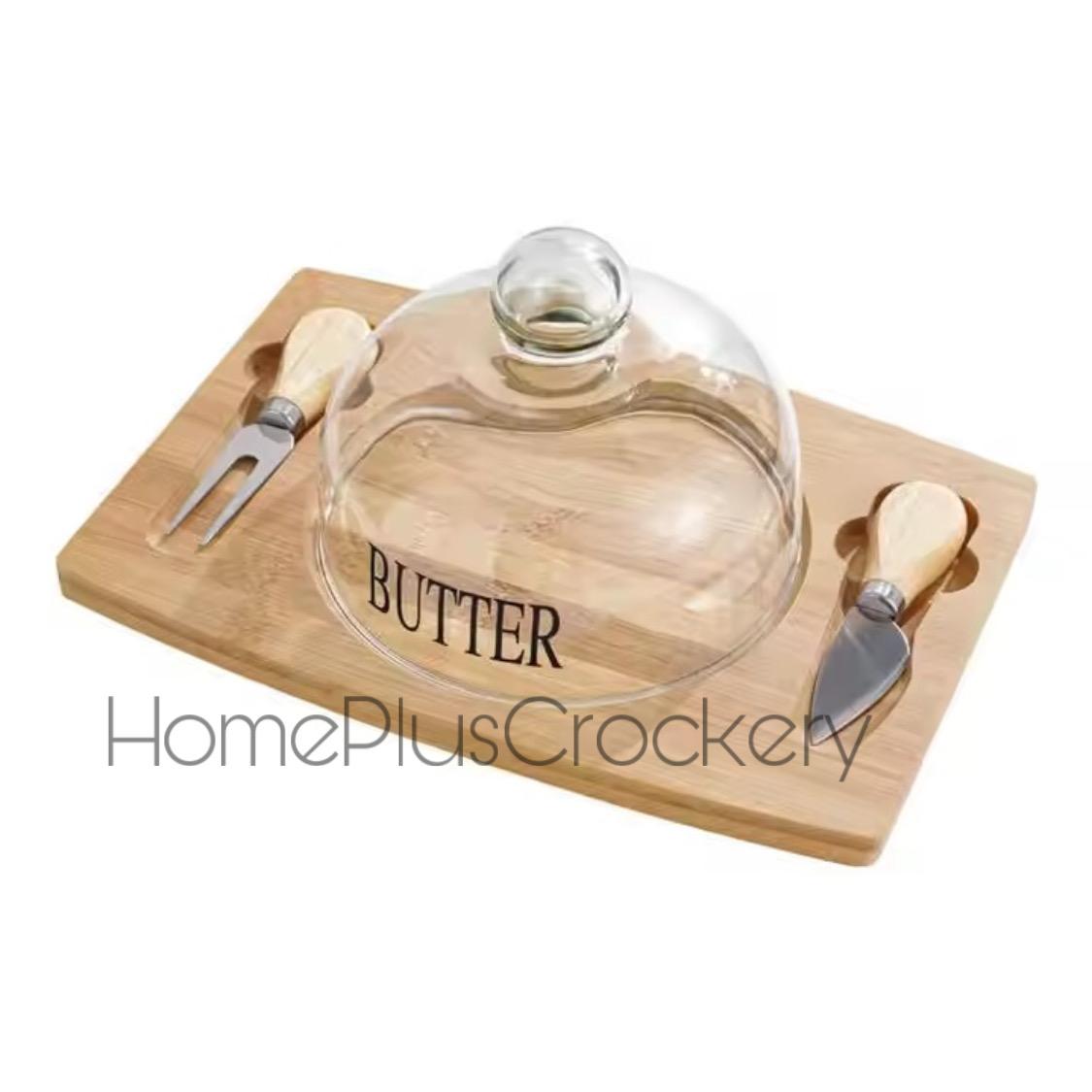 Bamboo Base Butter Dish with Glass Dome and Butter Knives