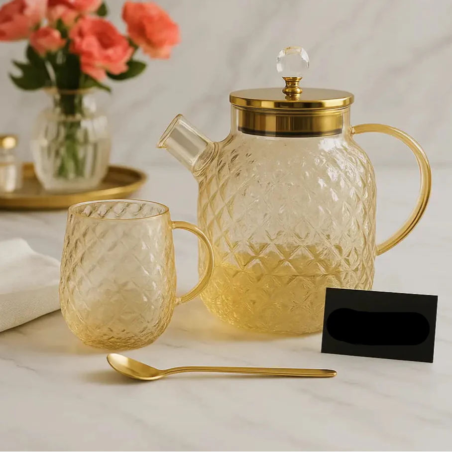 Golden Luxe Diamond Glass Tea Set – 13 Piece (1 Kettle, 6 Glasses & 6 Spoons