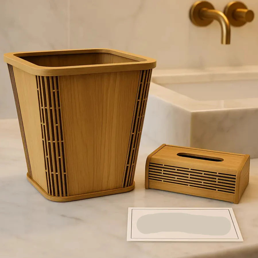 Luxury Wooden Dustbin & Tissue Box Set – Premium Bamboo Finish for Modern Interiors