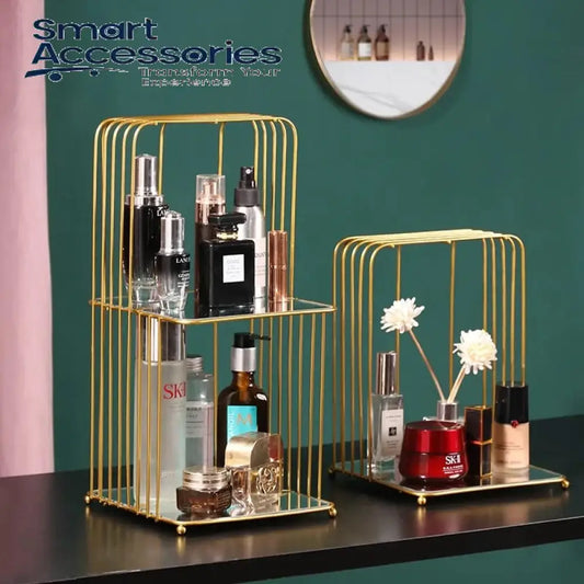 New Style Birdcage Makeup Organizer Metal Brass Cosmetic With Mirror Shelves Square Shape