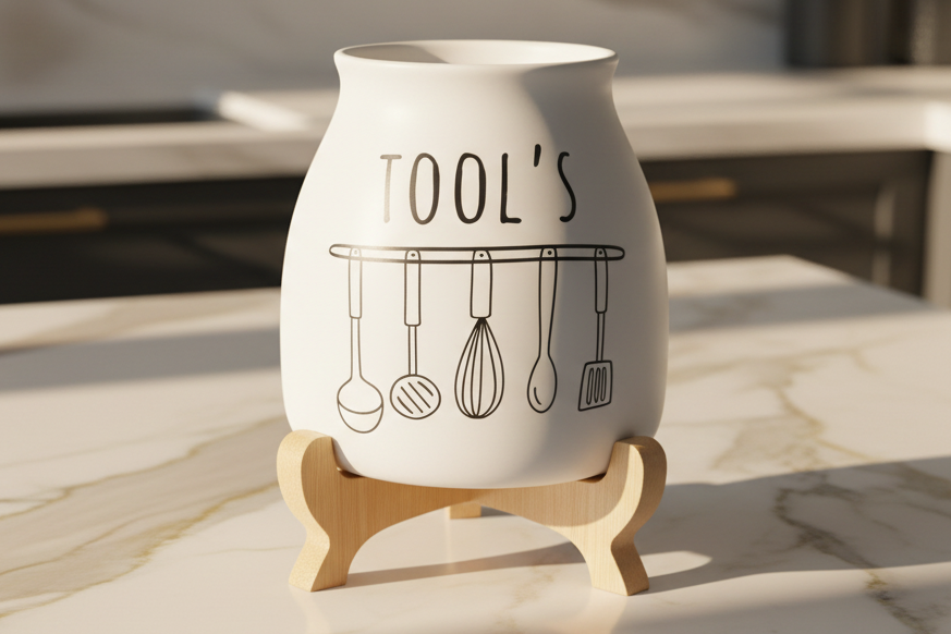 Ceramic Utensil Holder Set with Wooden Base
