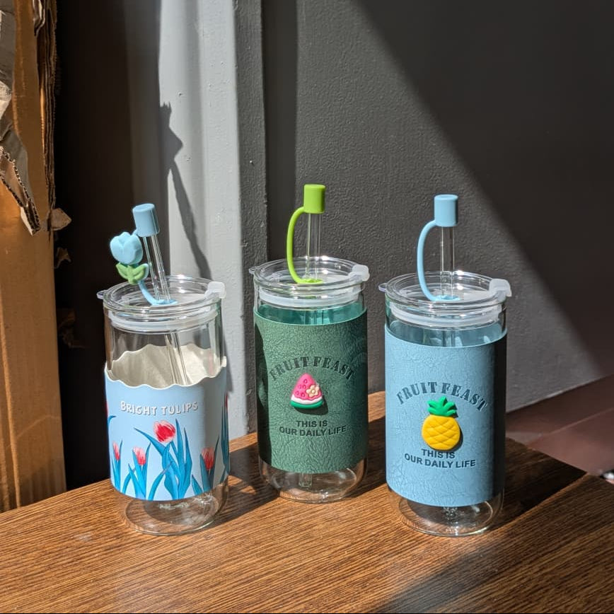 Fruit Feast Glass Tumbler With Bamboo Lid