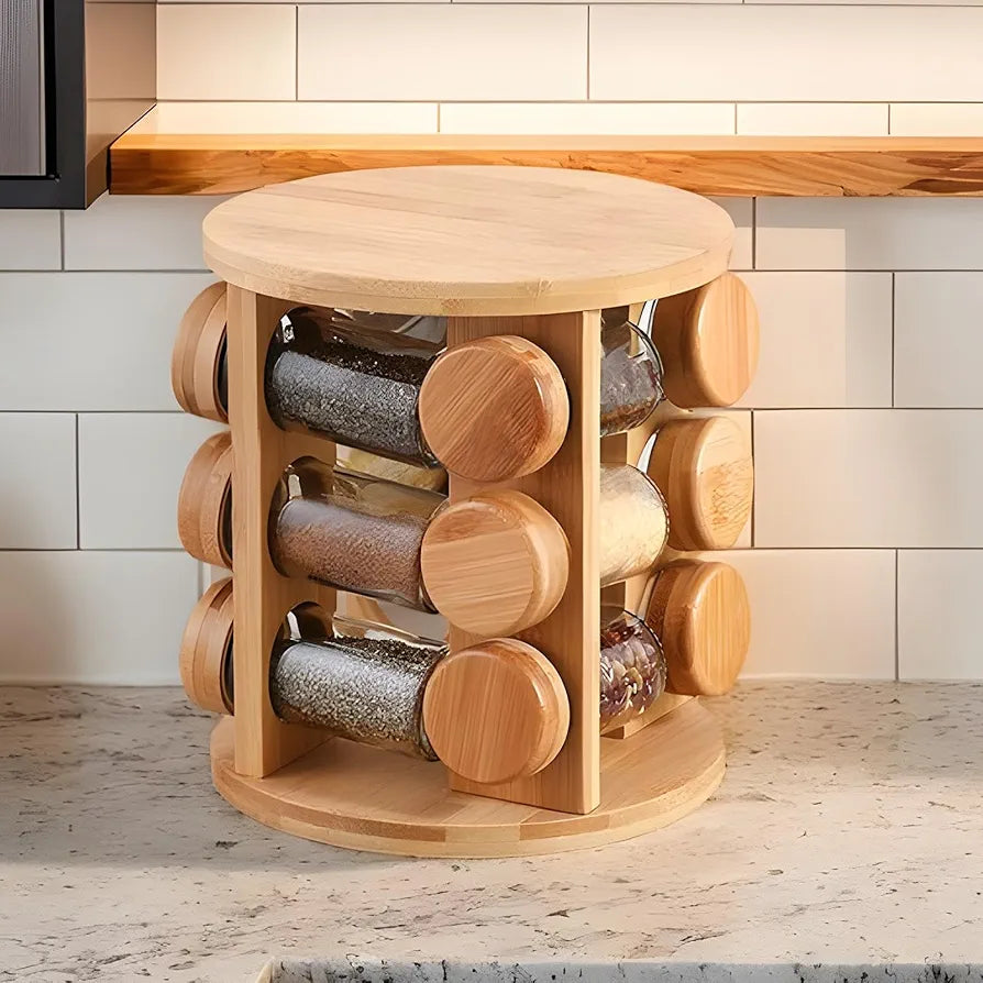 8Pcs Rotating Wooden Spice Organizer Rack