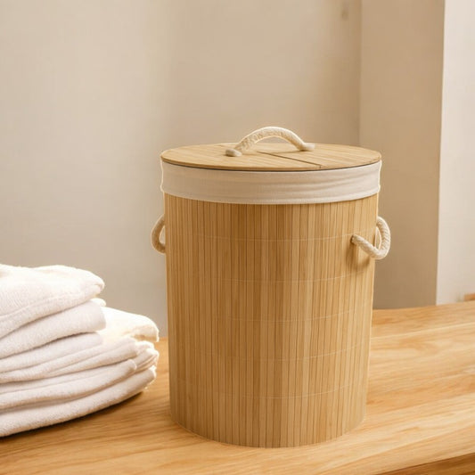 Round Foldable Natural Bamboo Laundry Basket With Lid