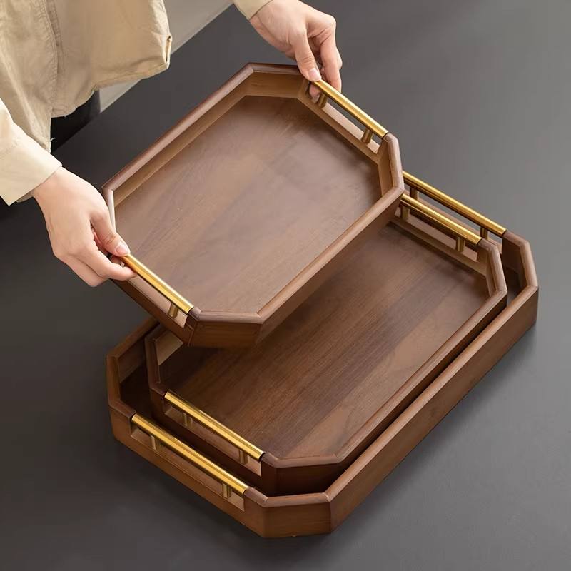 3-Piece Premium Wooden Serving Wooden Tray Set With Gold Handles