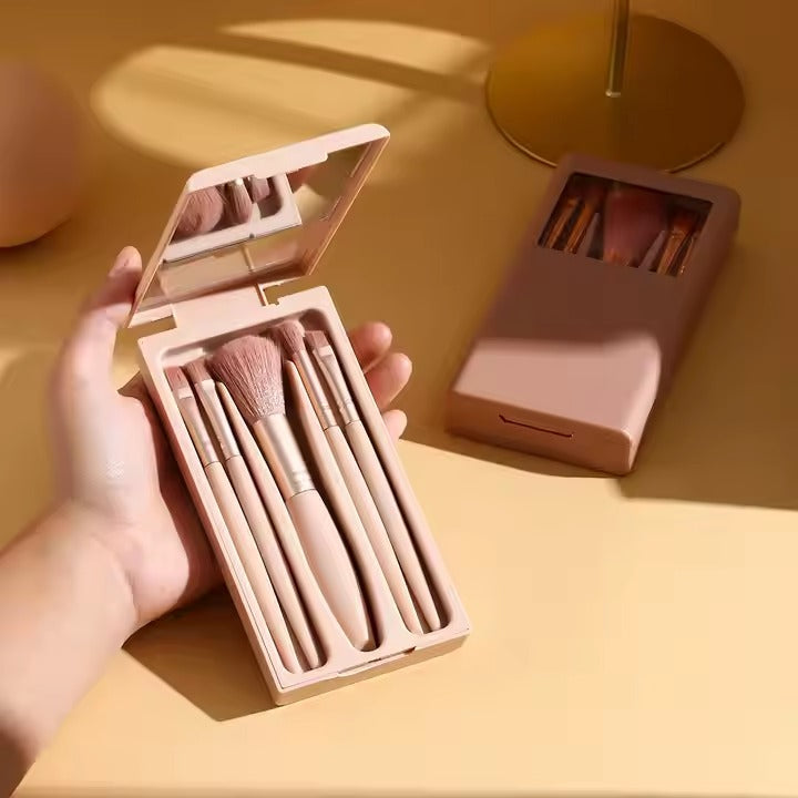 5-Piece Mini Makeup Brush Set with Mirror & Protective Case
