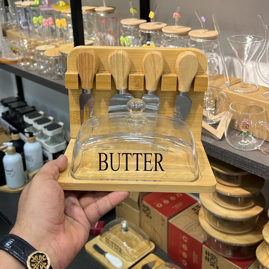 Wooden Butter & Dessert Box Set with Glass Lid & Utensils