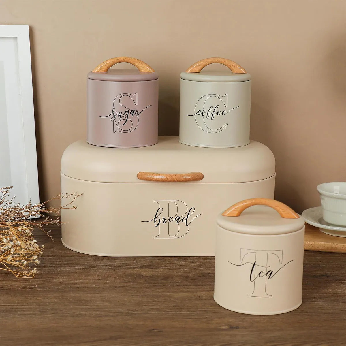 Bread Box With Sugar Coffee Tea Canisters Metal Pantry Countertop 4-Pieces Set