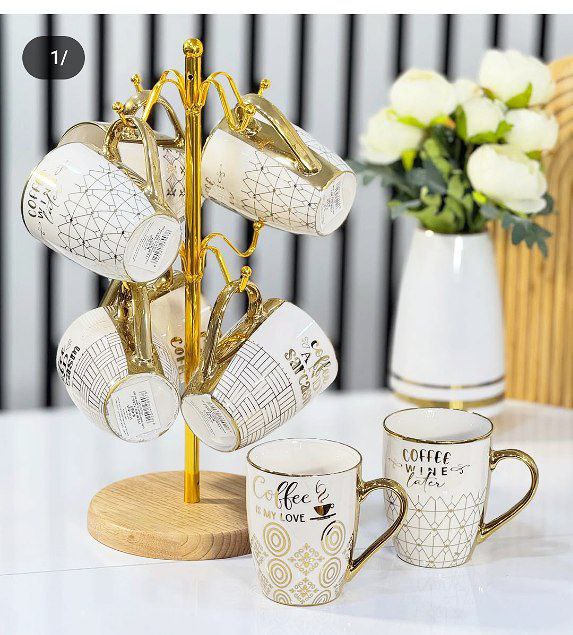 Golden Mug Holder Stand with Wooden Base
