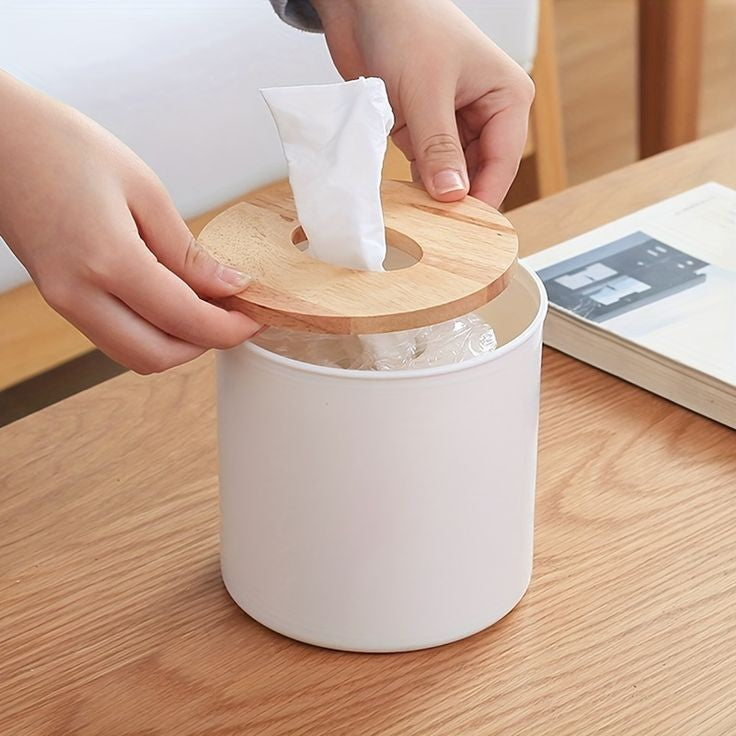 Premium Round Tissue And Napkins Holder With Wooden Lid