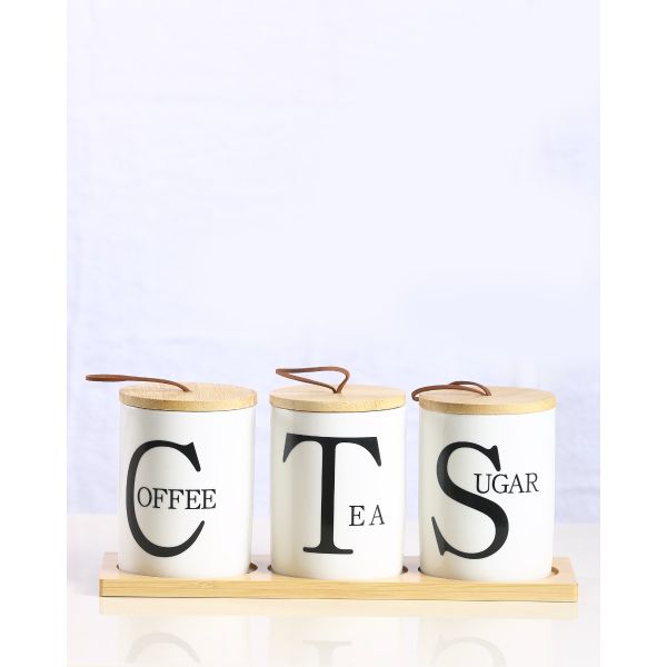 Premium Sugar Tea Coffee Ceramic Jar Set With Bamboo Lids & Tray