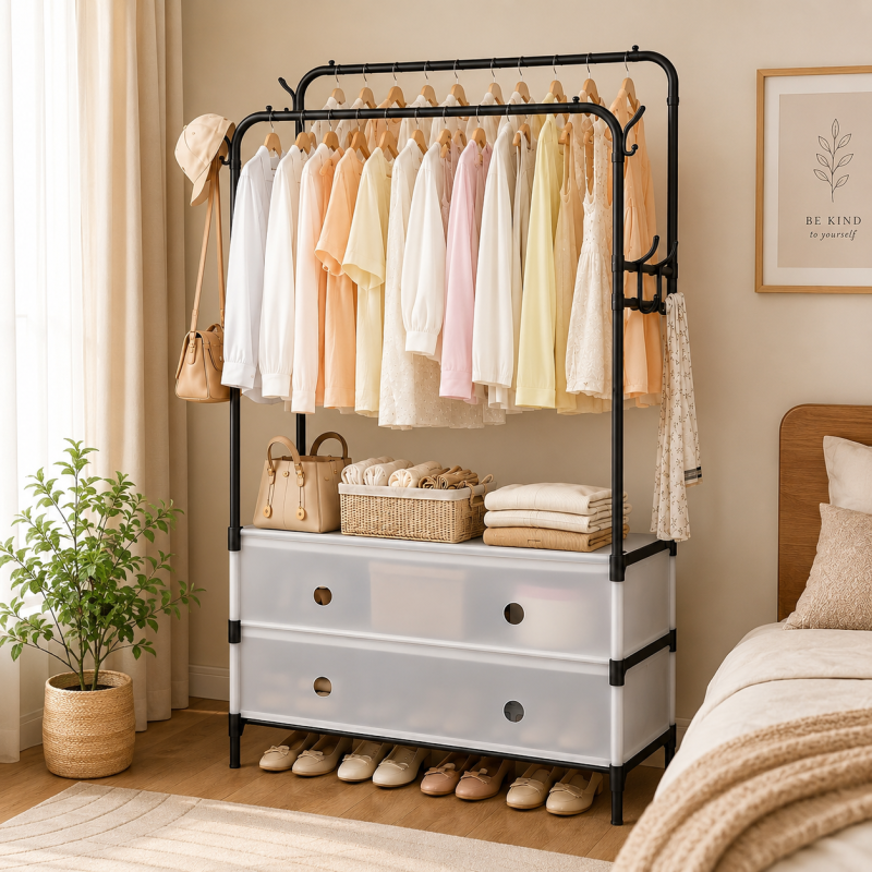 Double Pole Clothes Stand With Drawer