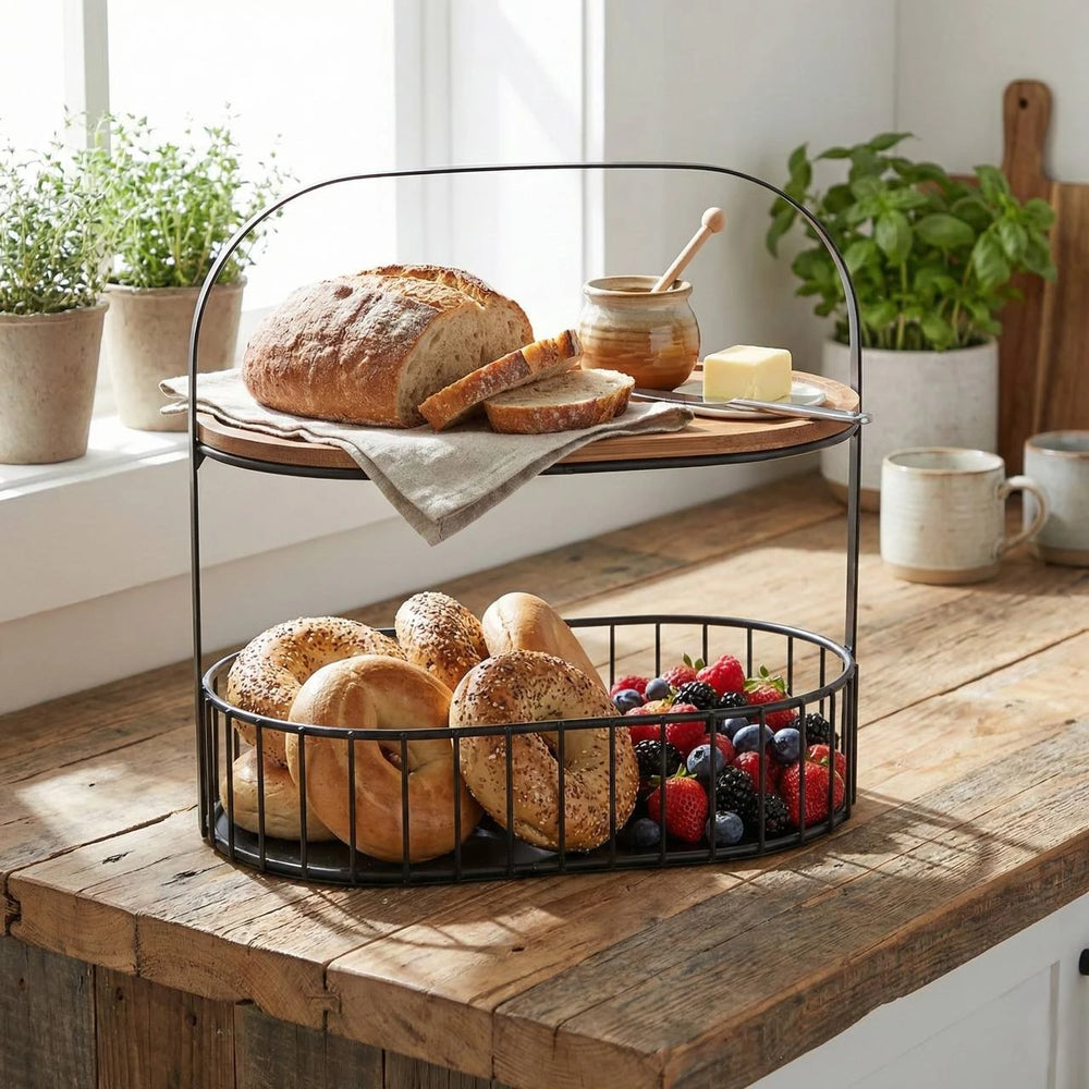 2 Tier Kitchen Storage Basket With Wooden Tray