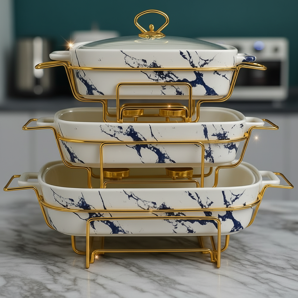 Premium Marble Ceramic Casseroles Set With Gold Stand