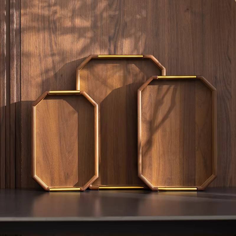 3-Piece Premium Wooden Serving Wooden Tray Set With Gold Handles