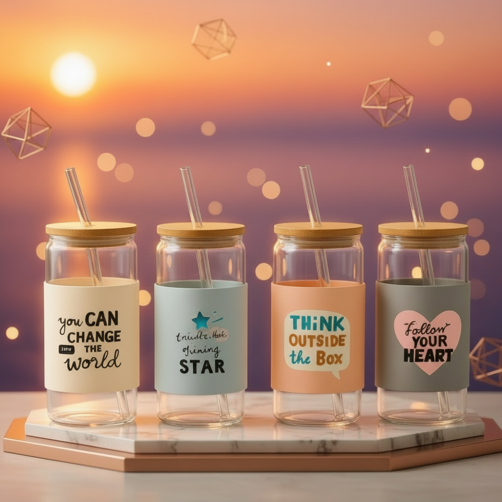 Quotes Design Glass Water Cup With Straw And Bamboo Wood Lid 450 ML