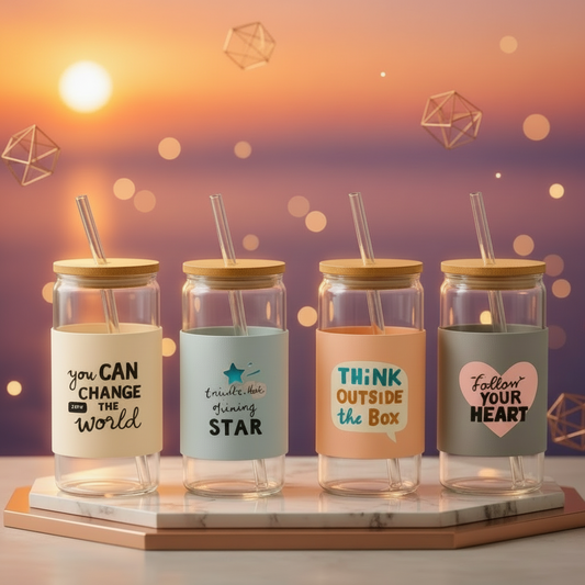 Quotes Design Glass Water Cup With Straw And Bamboo Wood Lid 450 ML