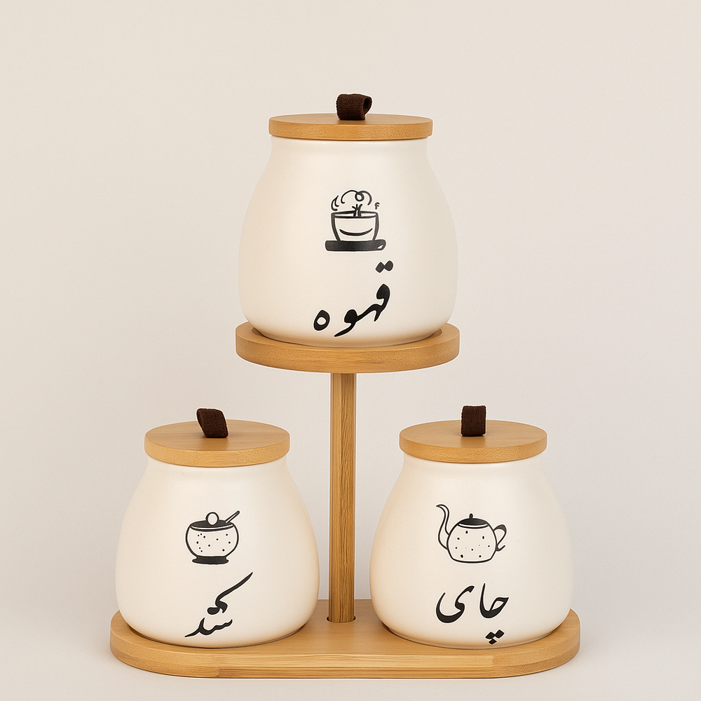 Three White Ceramic Jars With Minimalist Black Arabic Calligraphy