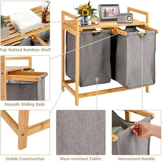 Bamboo laundry Hamper With Storage Shelf And Dual Compartments.