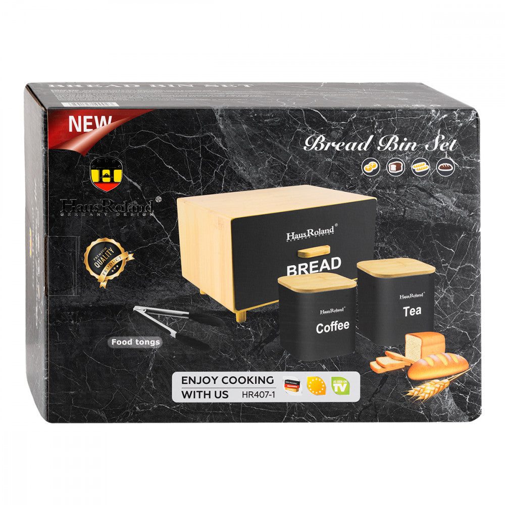 Luxury Matte Black Bread & Canister Set - Tea and Coffee Storage with Bamboo Lids