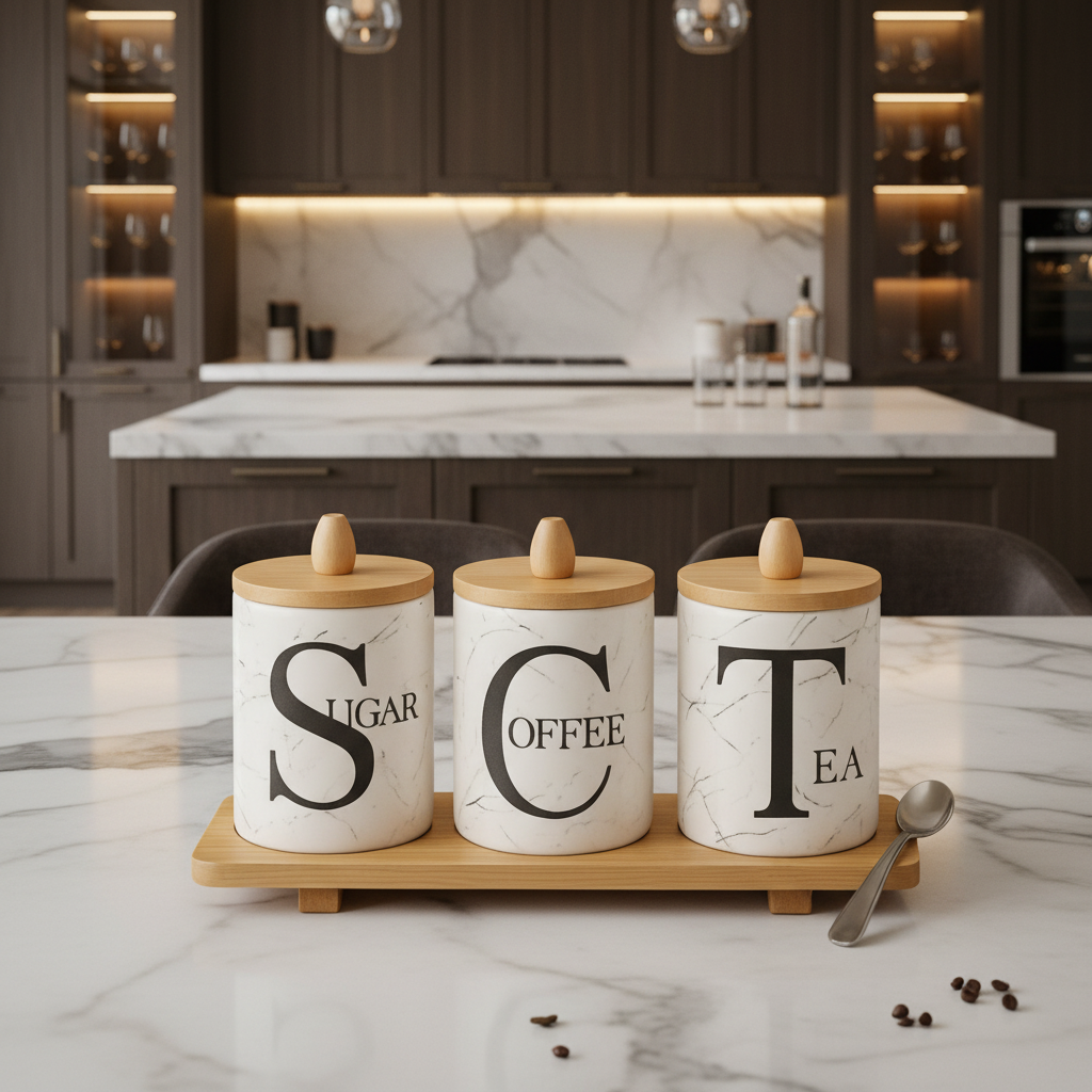 Premium Sugar Tea Coffee Ceramic Jar Set With Bamboo Lids & Tray