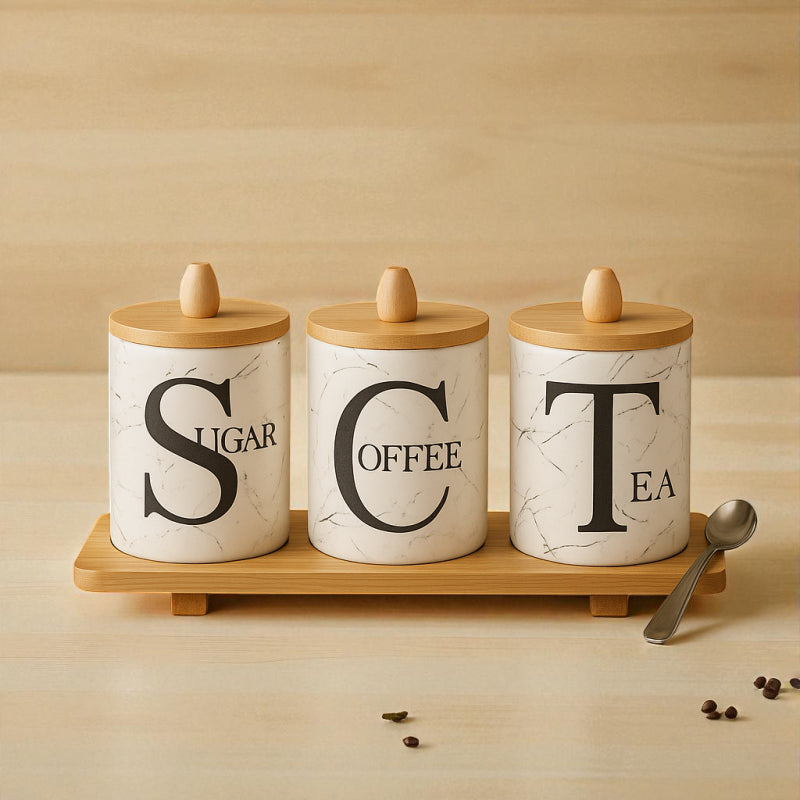 Premium Sugar Tea Coffee Ceramic Jar Set With Bamboo Lids & Tray