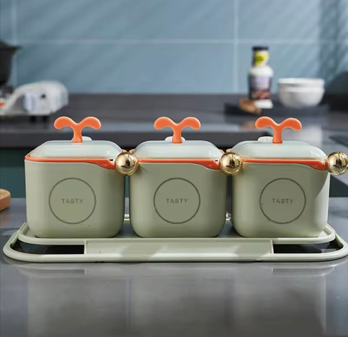 Airtight 3-Piece Modern Spice Jar Set with Tray & Spoons