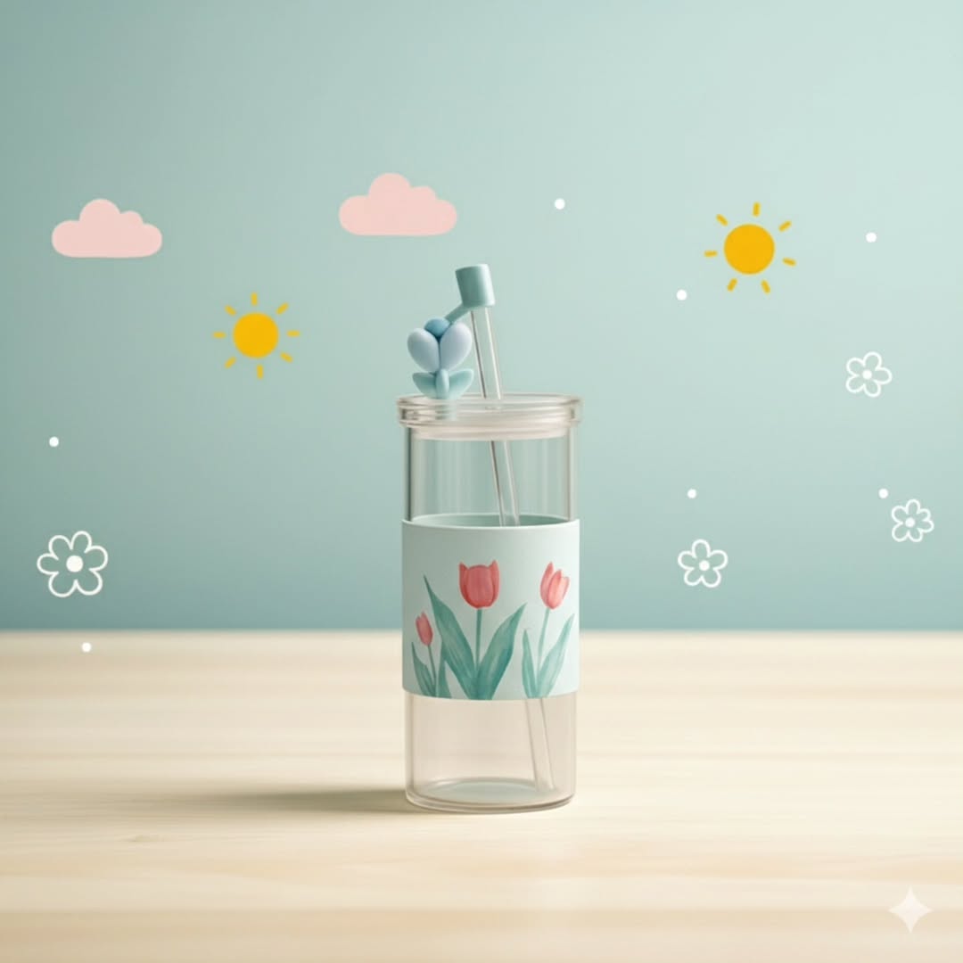 Airtight Glass Water Cup With Straw & Lid 410 ML