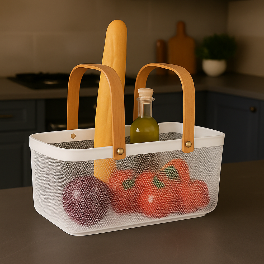 Modern Metal Mesh Fruit And Vegetables Basket With Wooden Handles