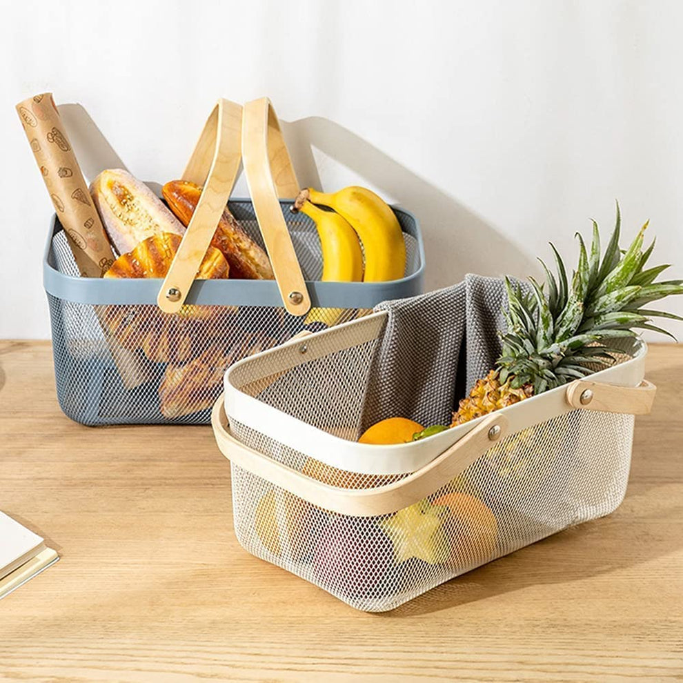 Modern Metal Mesh Fruit And Vegetables Basket With Wooden Handles