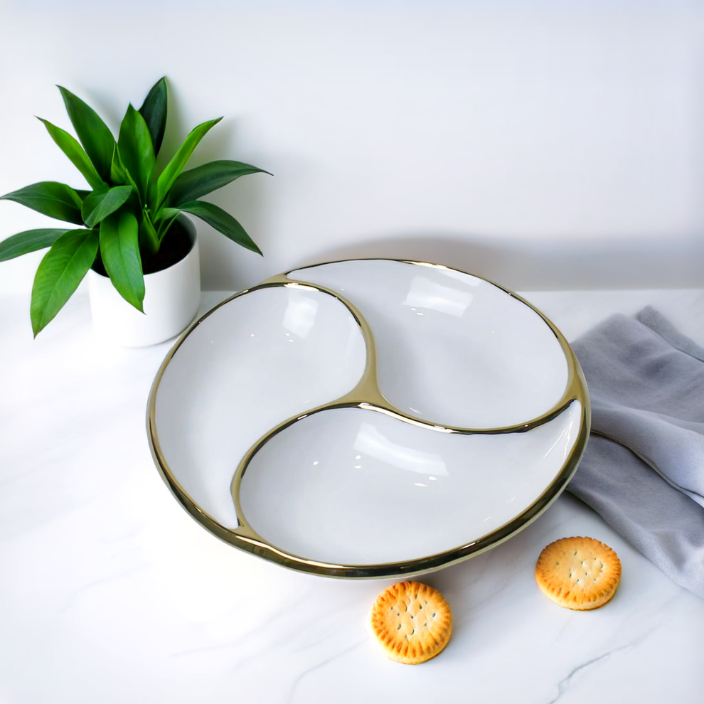 Elegant Round Ceramic Serving Platter with Gold Accents 3-Compartment
