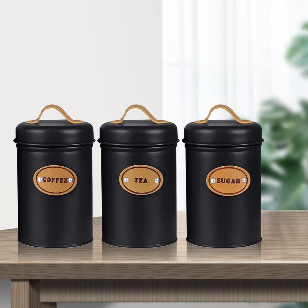 3-Piece Black Metal Kitchen Counter Top Jar Set
