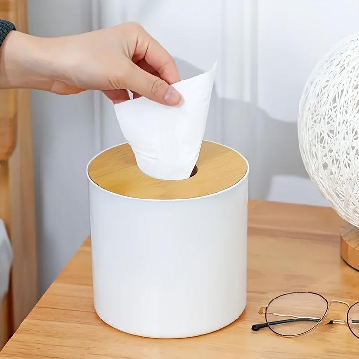 Premium Round Tissue And Napkins Holder With Wooden Lid