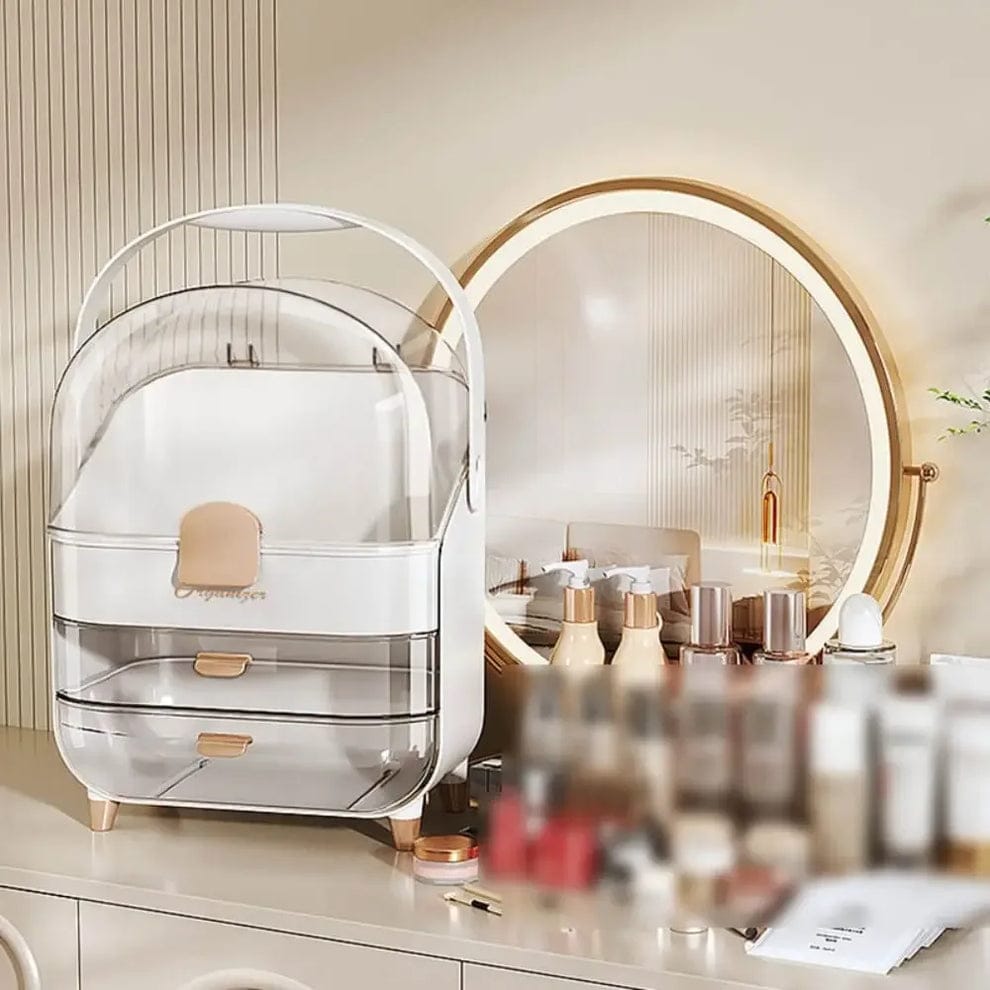 Premium Layered waterproof Cosmetics Organizer Box With  Dustproof Dome And Drawers