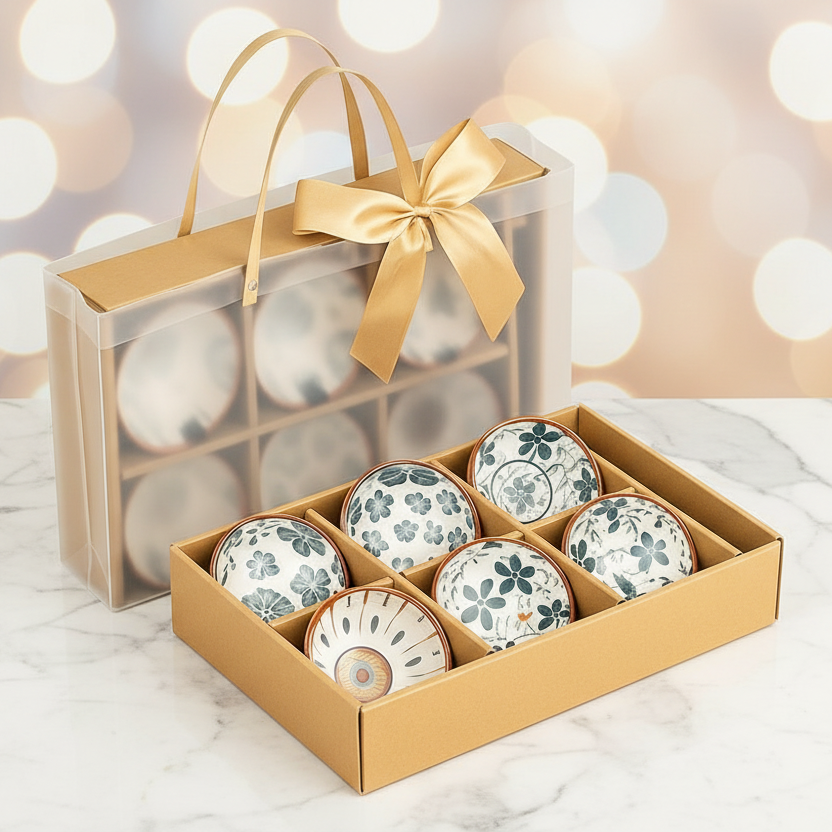 6-Pieces Elegant Japanese Ceramic Bowls Accompanied by a Golden Ribbon Bag