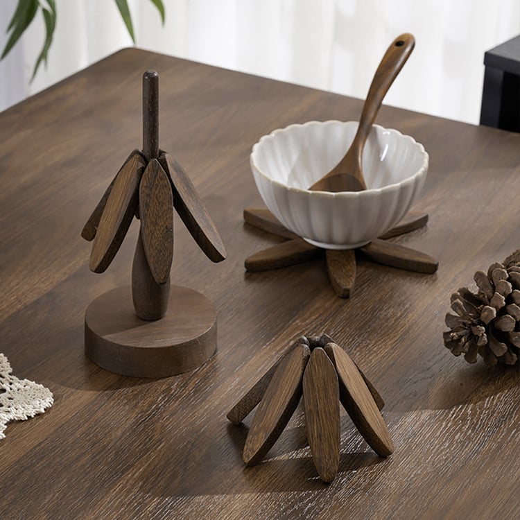 Multifunctional Table Mat & Stand Natural Wooden Foldable Coaster Set