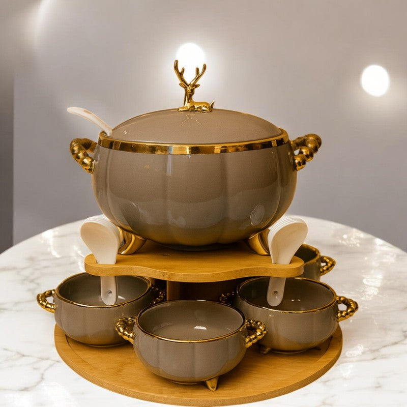 16-Piece Royale Soup Set With Wooden Stand White and Golden