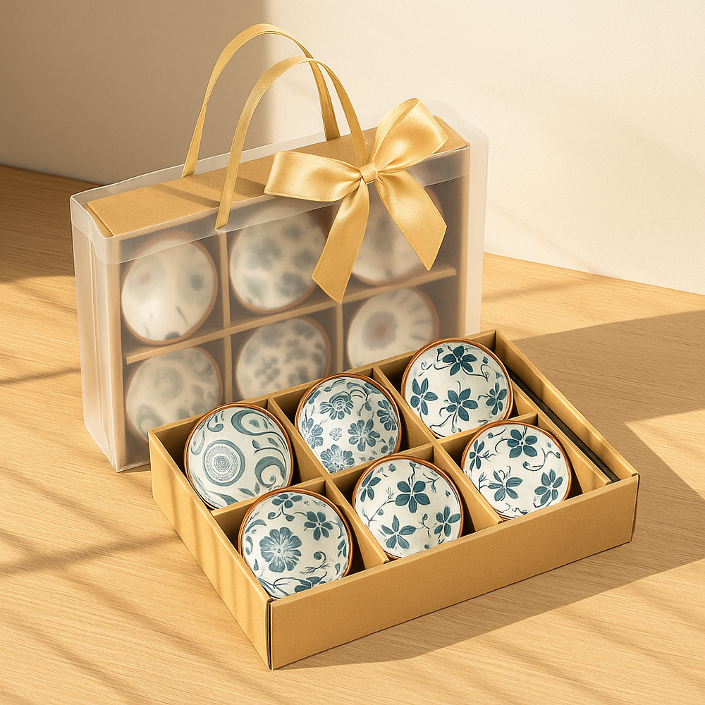 6-Pieces Elegant Japanese Ceramic Bowls Accompanied by a Golden Ribbon Bag