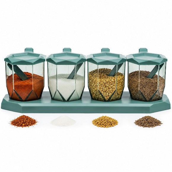 4 Compartment Spice Jar Set With Spoons & Tray