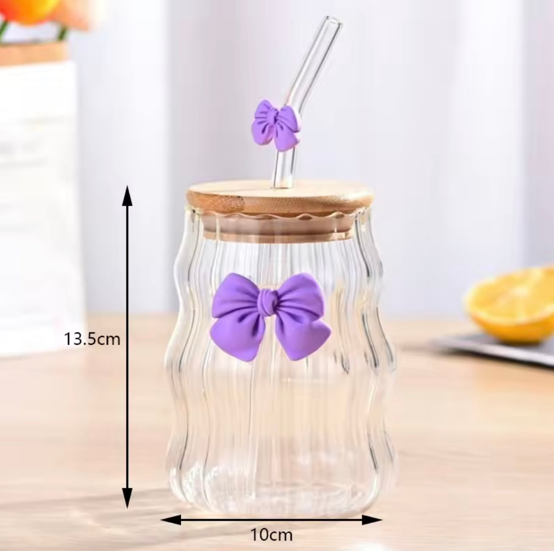 Bow Coffee High Borosilicate Glass Cloud Mug Wooden Lid With Straw