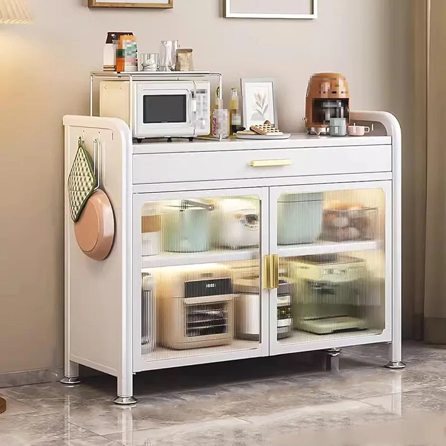 Binca Luxe Counter Cabinet Sleek Off-White Finish With Brushed Gold Handles